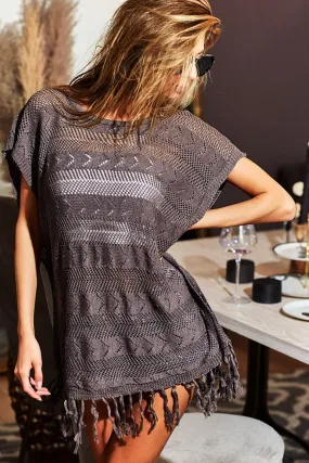 Women's BiBi Fringed Hem Short Sleeve Knit Top