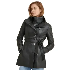 Women's Black Plain Leather Coat