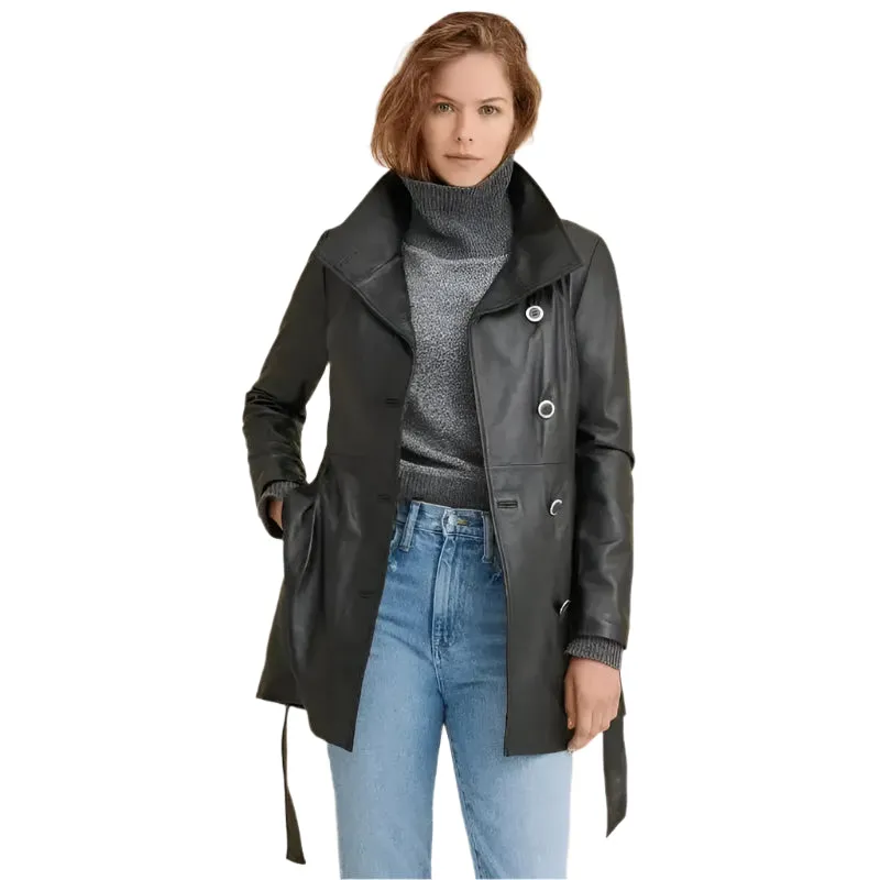 Women's Black Plain Leather Coat