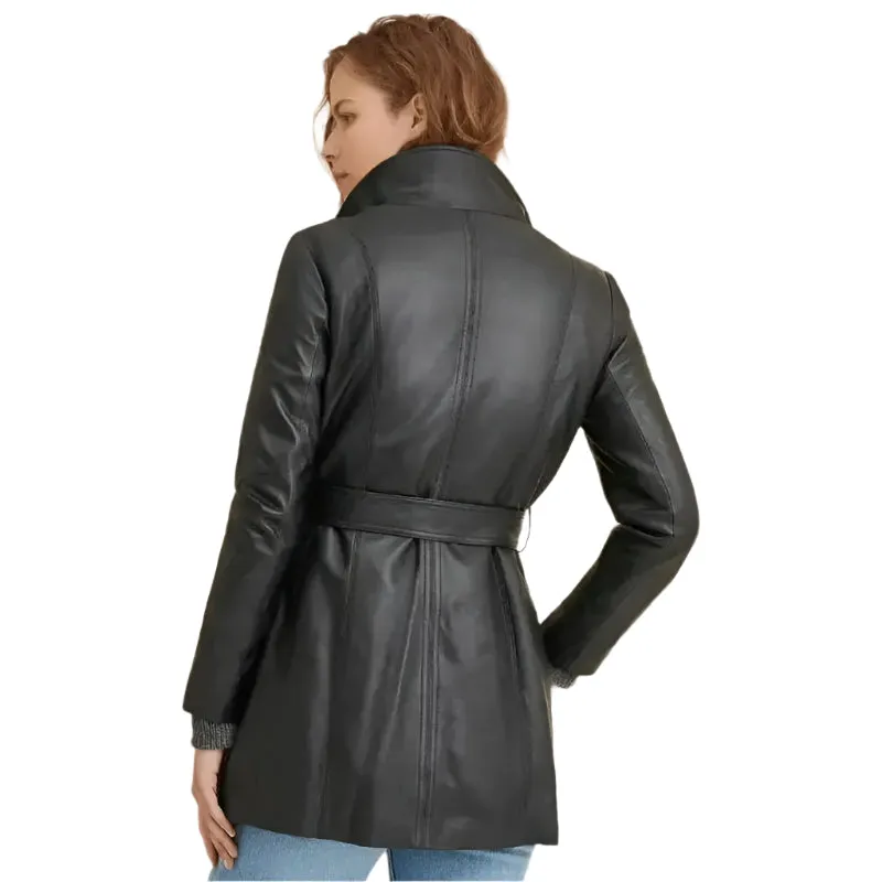 Women's Black Plain Leather Coat