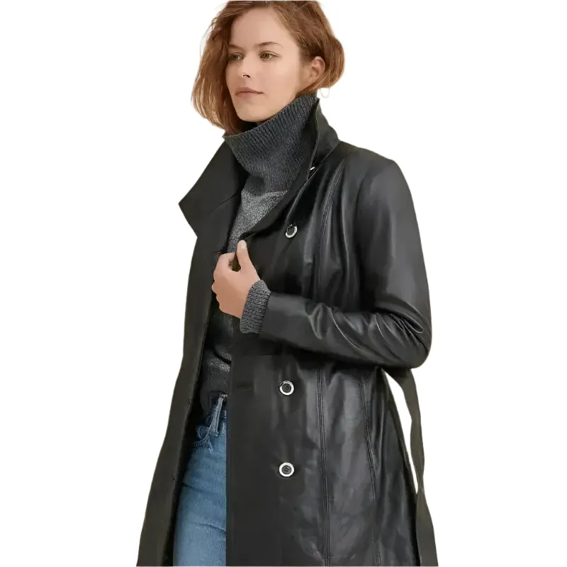 Women's Black Plain Leather Coat