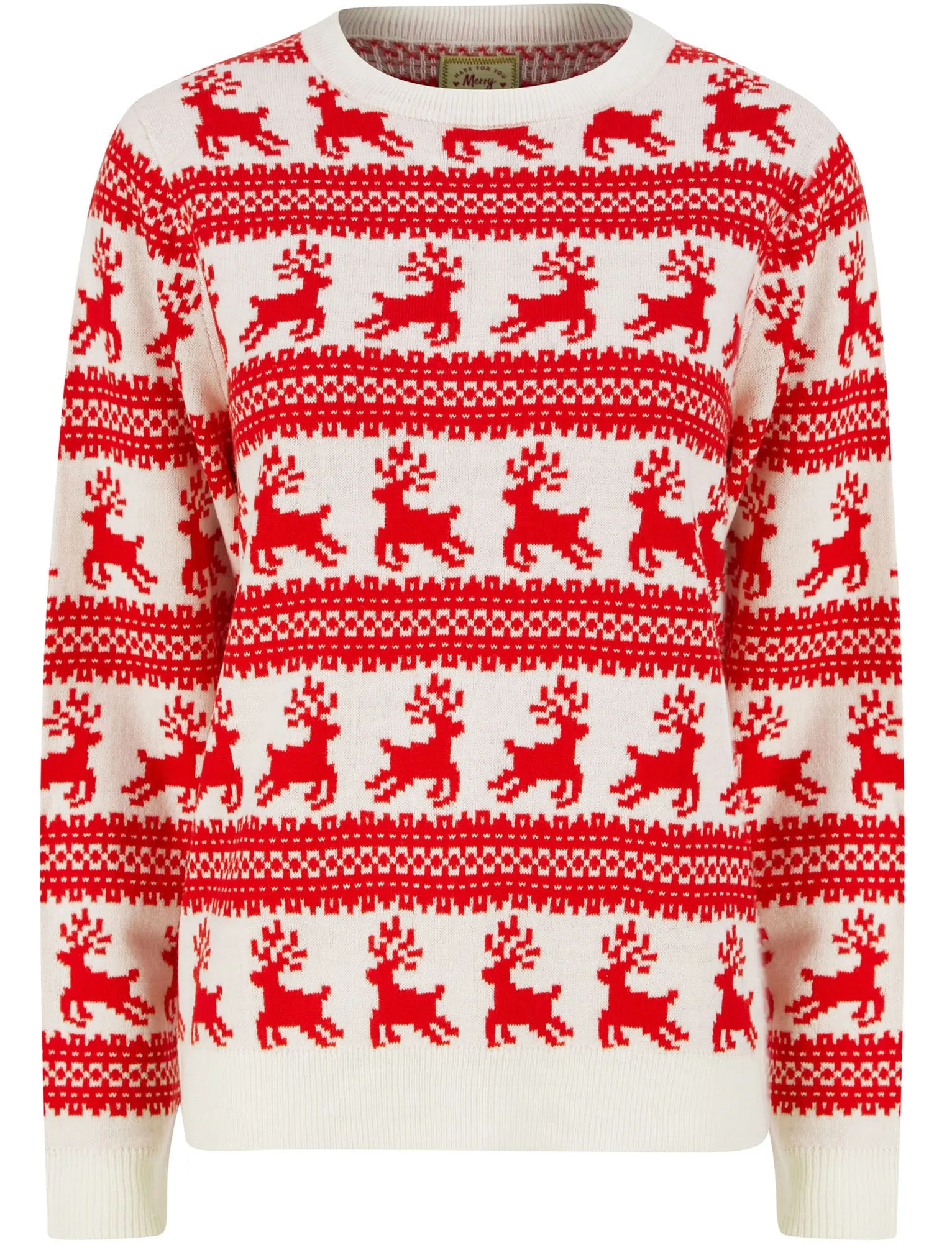 Women’s Leaping Reindeers Wallpaper Print Novelty Christmas Jumper in Gardenia - Merry Christmas