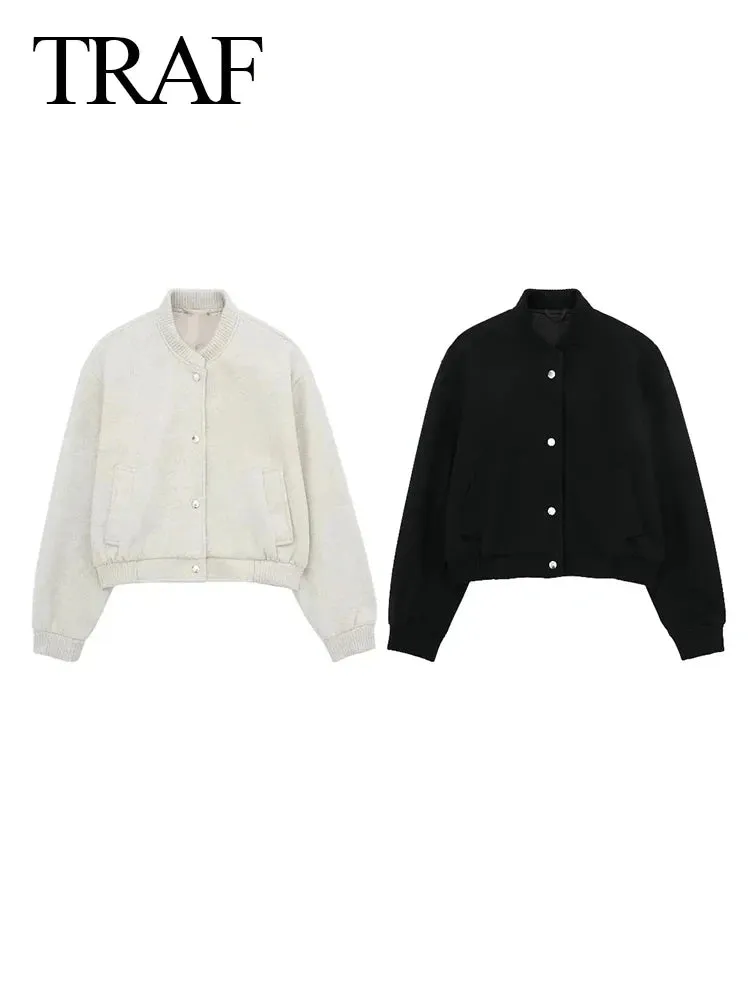 Women's Soft Woolen Cropped Bomber Jacket