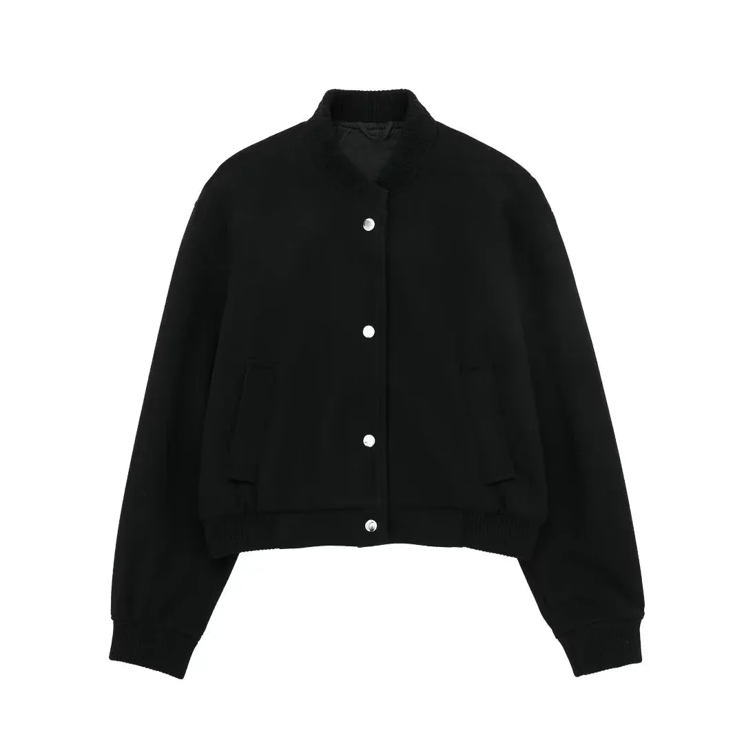 Women's Soft Woolen Cropped Bomber Jacket
