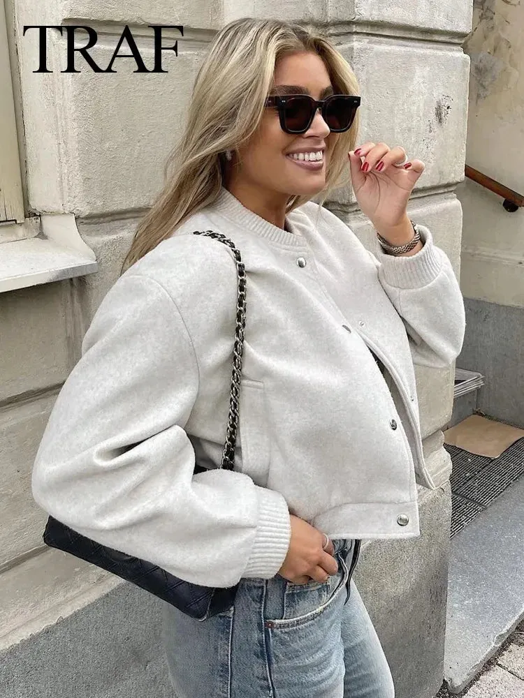 Women's Soft Woolen Cropped Bomber Jacket