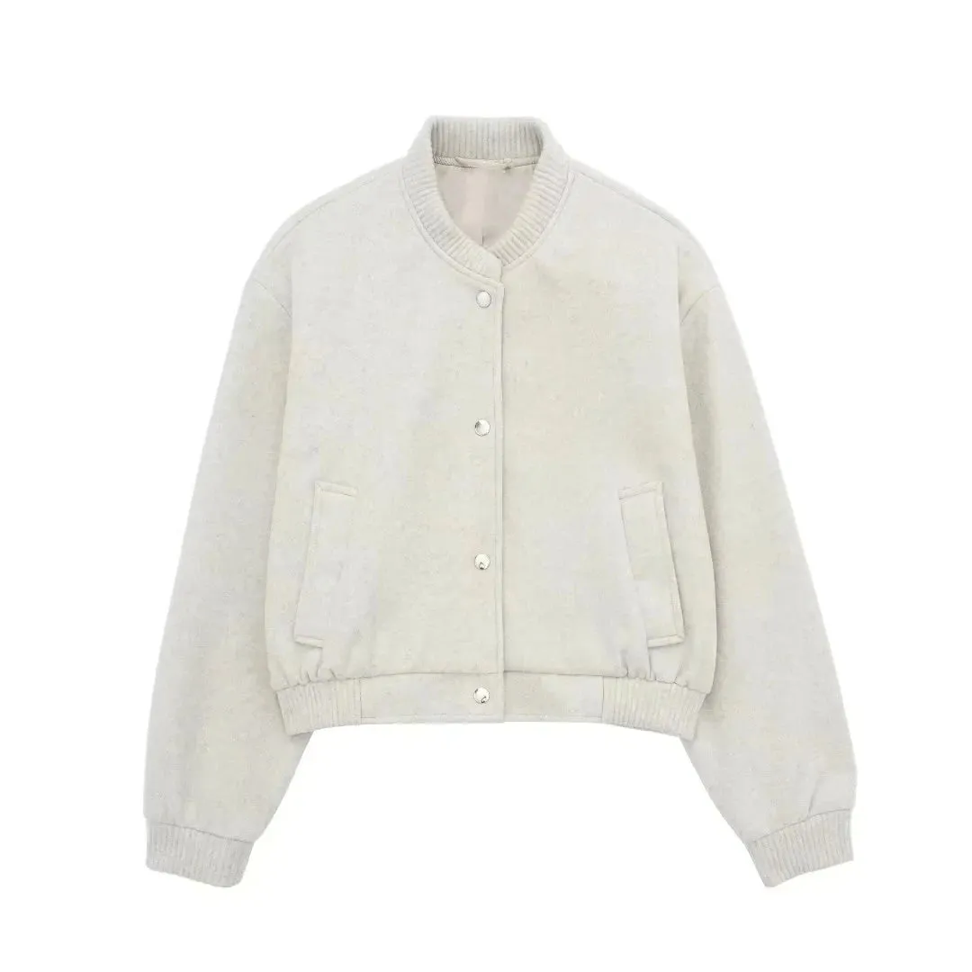 Women's Soft Woolen Cropped Bomber Jacket