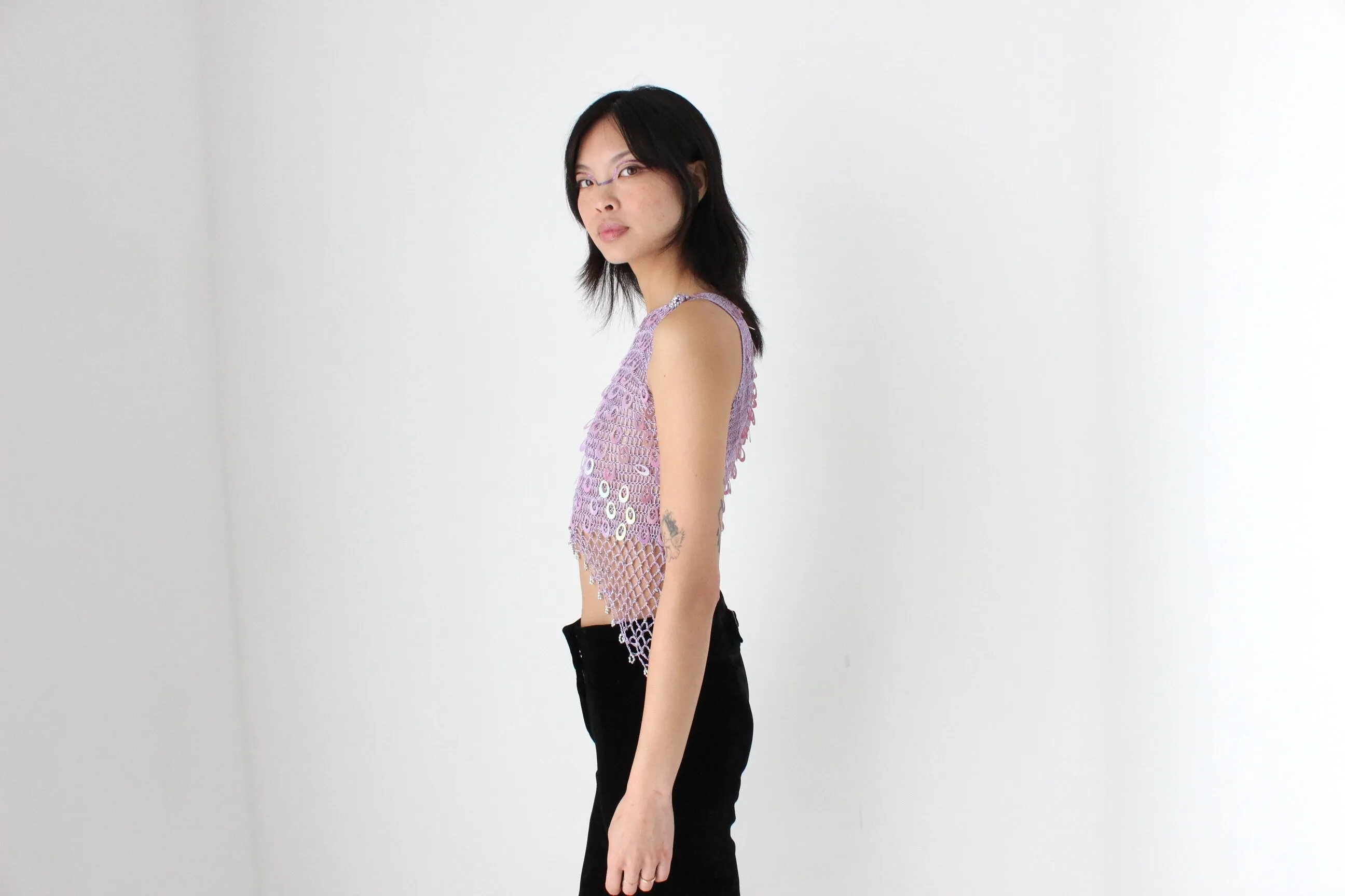 Y2K Crochet Knit & Disc Sequin Pastel Purple Party Crop Top