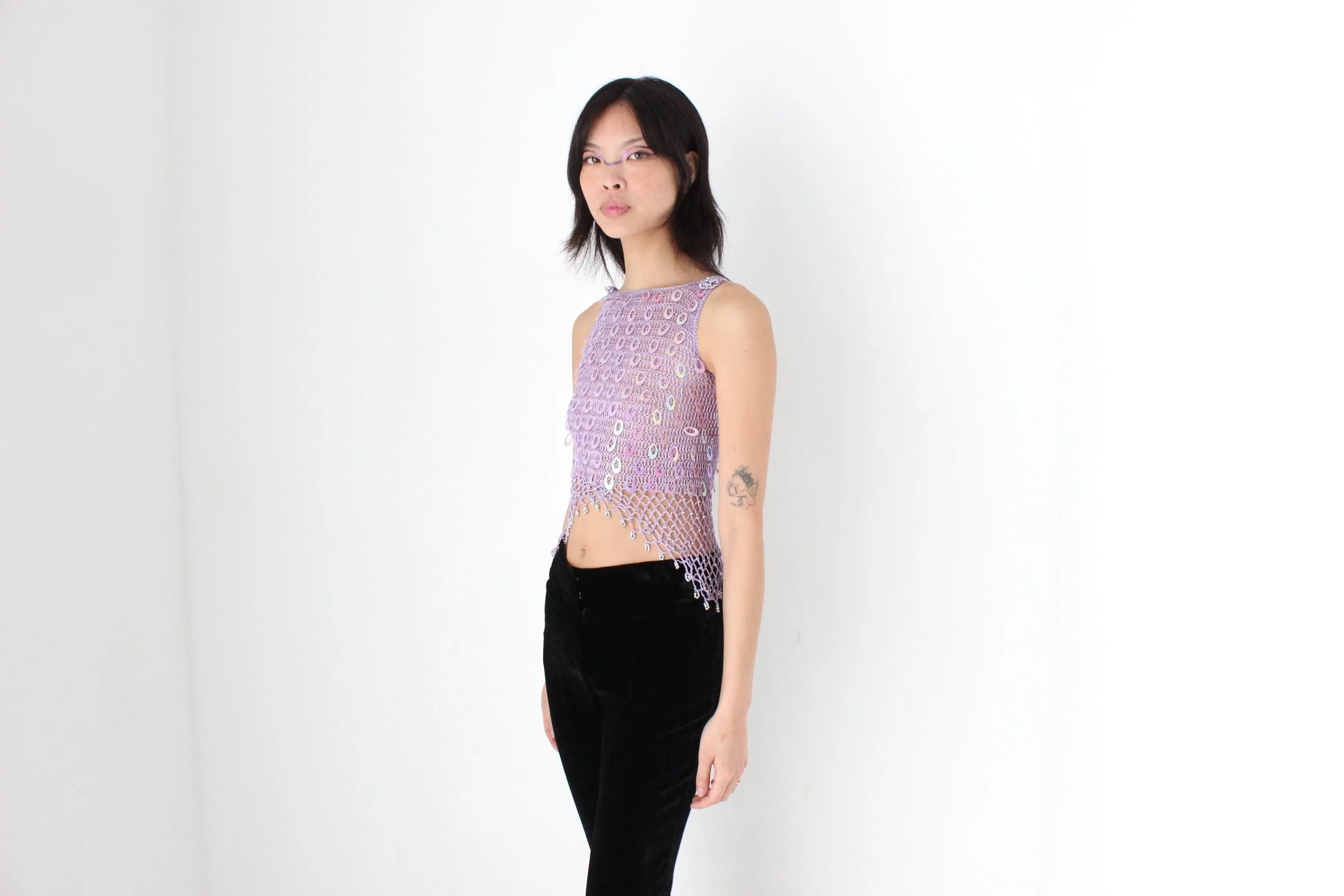 Y2K Crochet Knit & Disc Sequin Pastel Purple Party Crop Top
