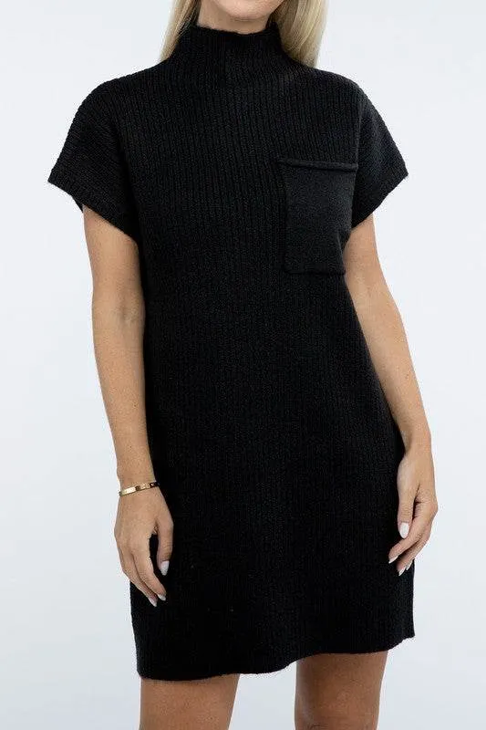 Zenana Mock Neck Short Sleeve Sweater Mini Dress with Pocket