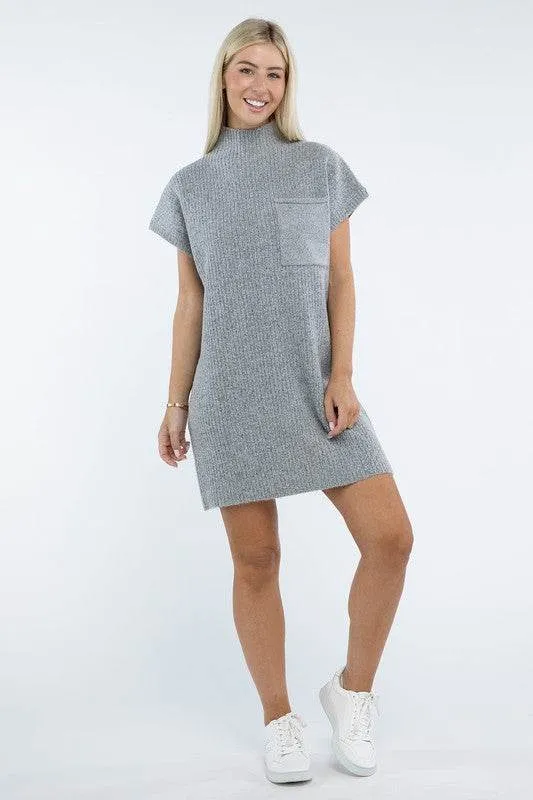 Zenana Mock Neck Short Sleeve Sweater Mini Dress with Pocket