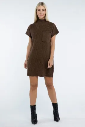 Zenana Mock Neck Short Sleeve Sweater Mini Dress with Pocket