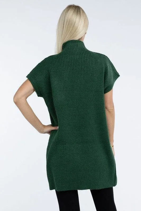Zenana Mock Neck Short Sleeve Sweater Mini Dress with Pocket