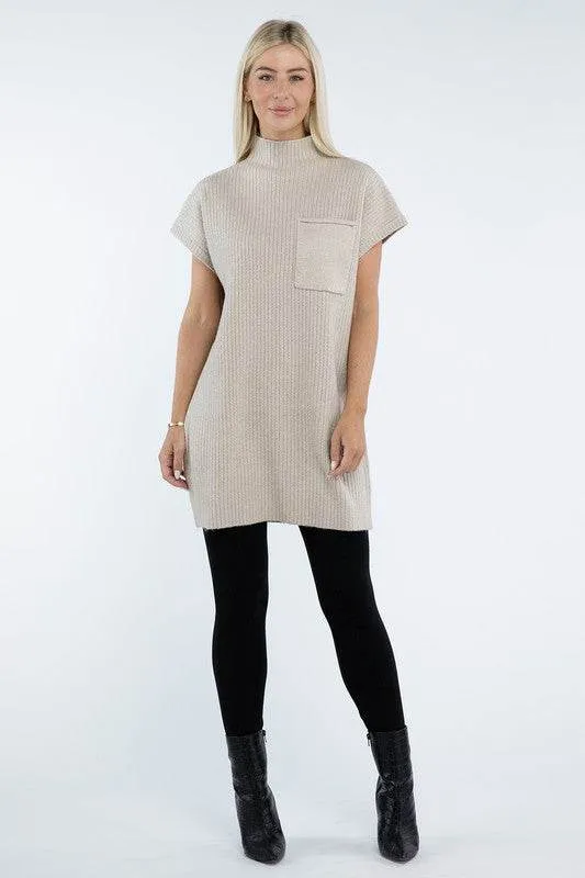 Zenana Mock Neck Short Sleeve Sweater Mini Dress with Pocket