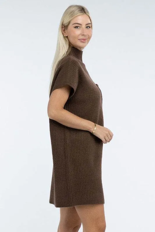 Zenana Mock Neck Short Sleeve Sweater Mini Dress with Pocket
