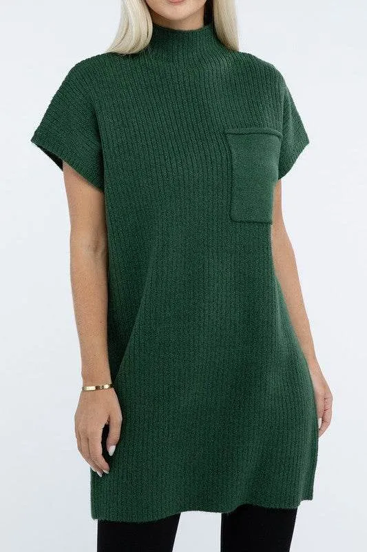 Zenana Mock Neck Short Sleeve Sweater Mini Dress with Pocket