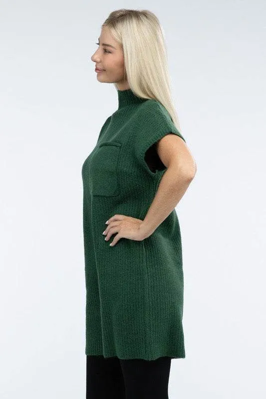 Zenana Mock Neck Short Sleeve Sweater Mini Dress with Pocket