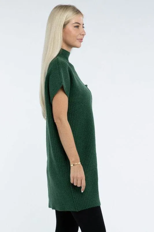 Zenana Mock Neck Short Sleeve Sweater Mini Dress with Pocket