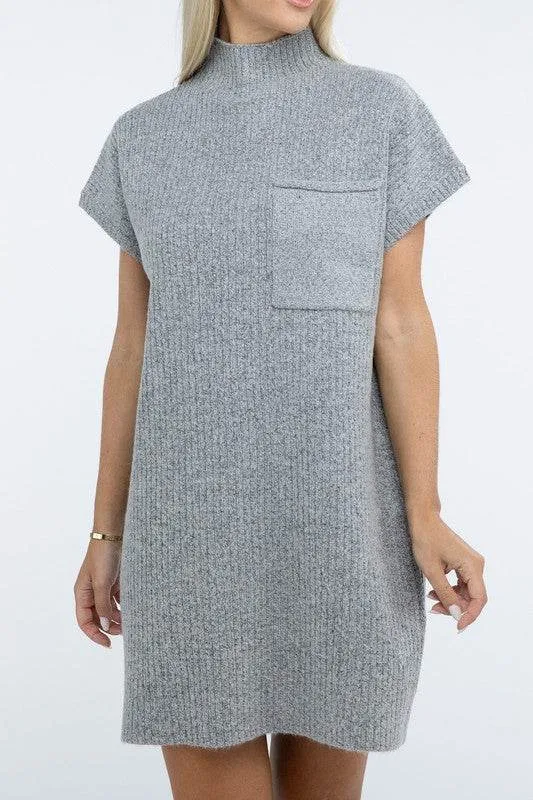 Zenana Mock Neck Short Sleeve Sweater Mini Dress with Pocket