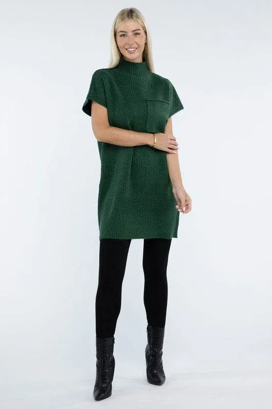 Zenana Mock Neck Short Sleeve Sweater Mini Dress with Pocket