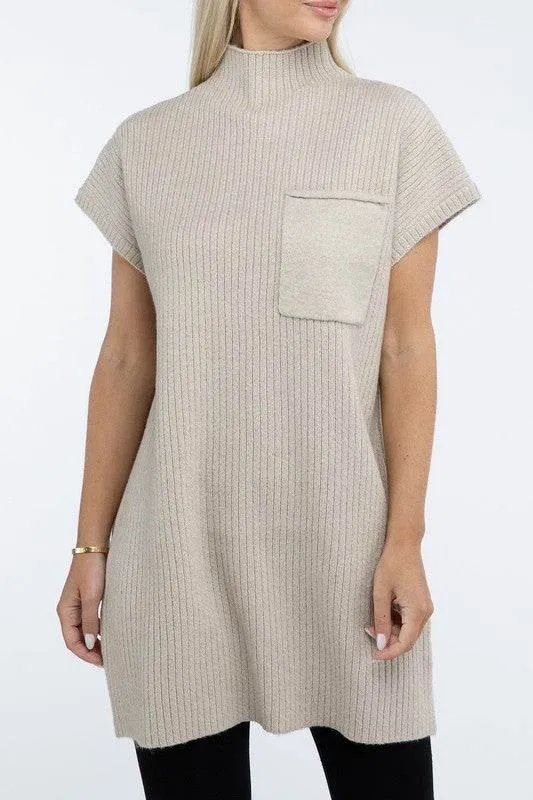 Zenana Mock Neck Short Sleeve Sweater Mini Dress with Pocket