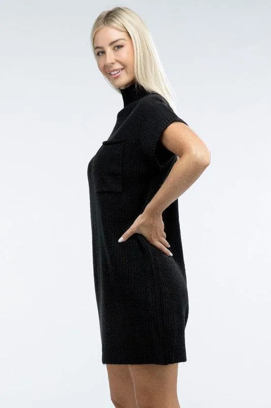 Zenana Mock Neck Short Sleeve Sweater Mini Dress with Pocket
