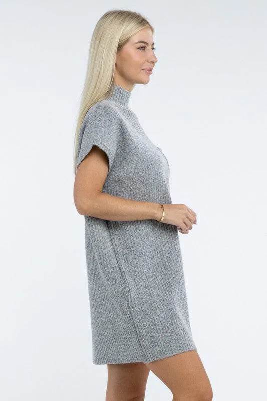 Zenana Mock Neck Short Sleeve Sweater Mini Dress with Pocket