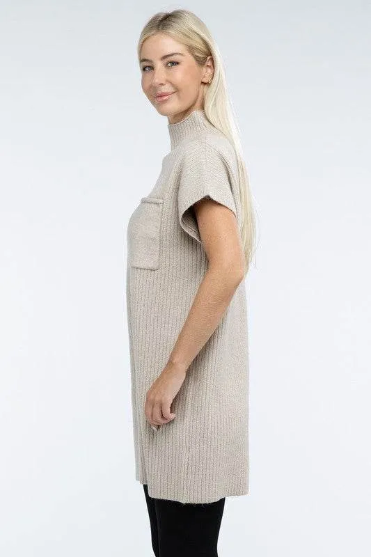 Zenana Mock Neck Short Sleeve Sweater Mini Dress with Pocket