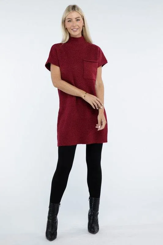 Zenana Mock Neck Short Sleeve Sweater Mini Dress with Pocket