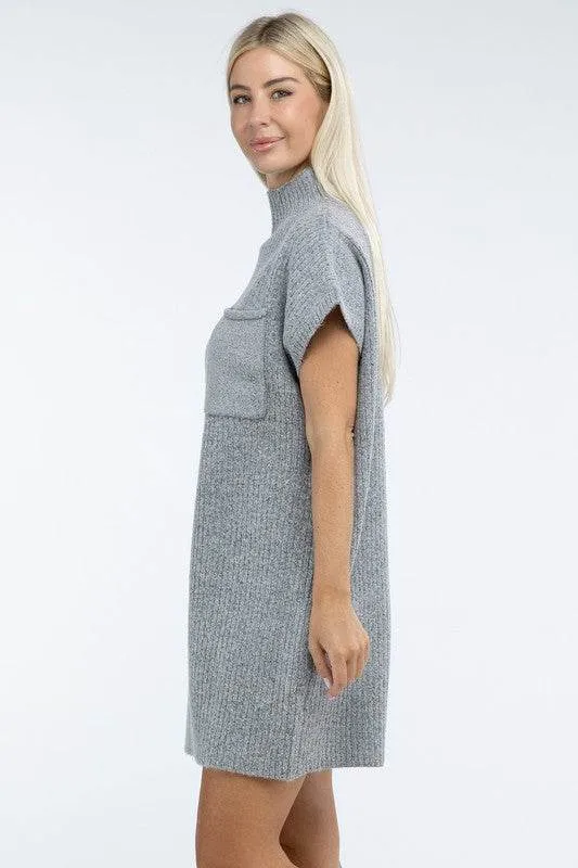 Zenana Mock Neck Short Sleeve Sweater Mini Dress with Pocket