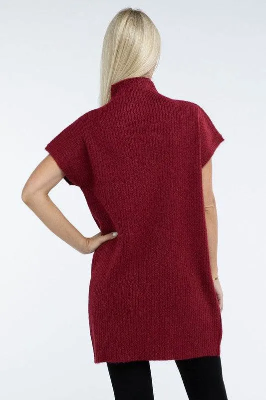 Zenana Mock Neck Short Sleeve Sweater Mini Dress with Pocket