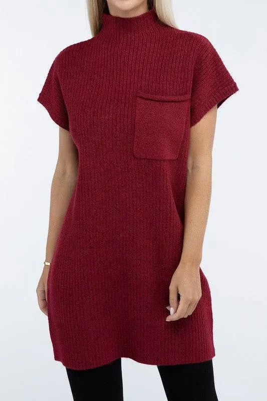 Zenana Mock Neck Short Sleeve Sweater Mini Dress with Pocket