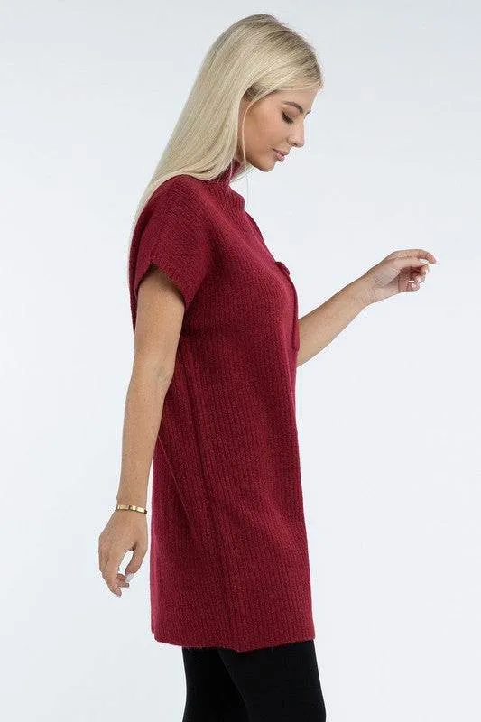 Zenana Mock Neck Short Sleeve Sweater Mini Dress with Pocket
