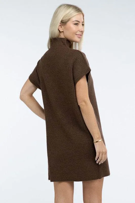 Zenana Mock Neck Short Sleeve Sweater Mini Dress with Pocket