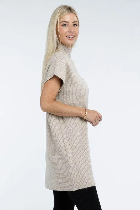 Zenana Mock Neck Short Sleeve Sweater Mini Dress with Pocket