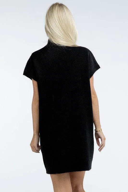 Zenana Mock Neck Short Sleeve Sweater Mini Dress with Pocket