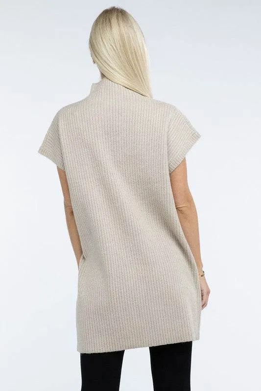 Zenana Mock Neck Short Sleeve Sweater Mini Dress with Pocket