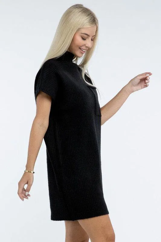 Zenana Mock Neck Short Sleeve Sweater Mini Dress with Pocket