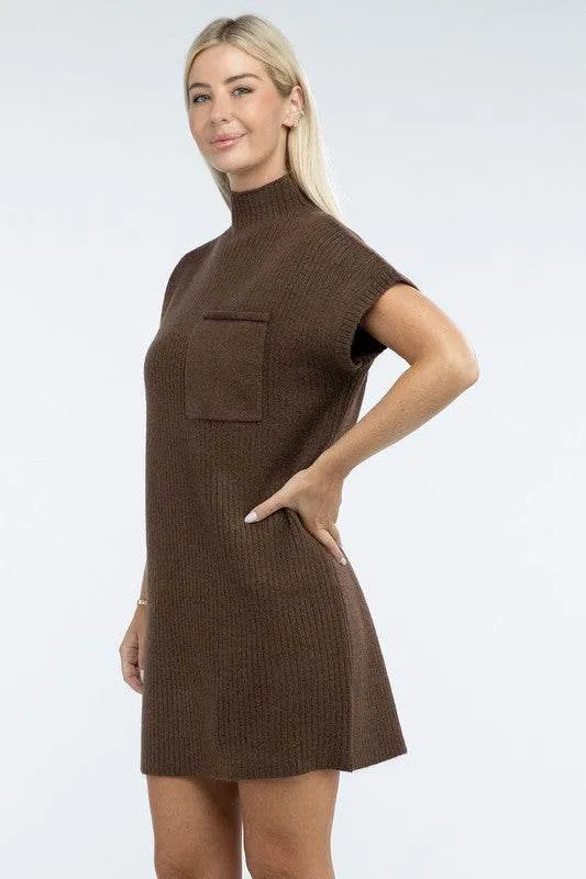 Zenana Mock Neck Short Sleeve Sweater Mini Dress with Pocket