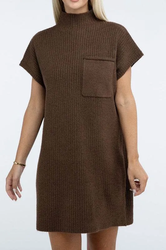 Zenana Mock Neck Short Sleeve Sweater Mini Dress with Pocket